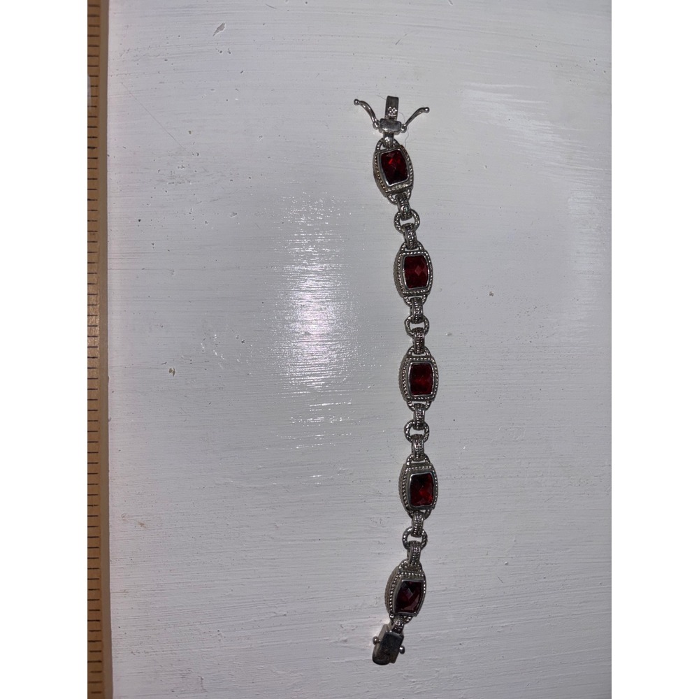 Garnet Link Bracelet Womens 7.25in Silver Tone Vintage Style